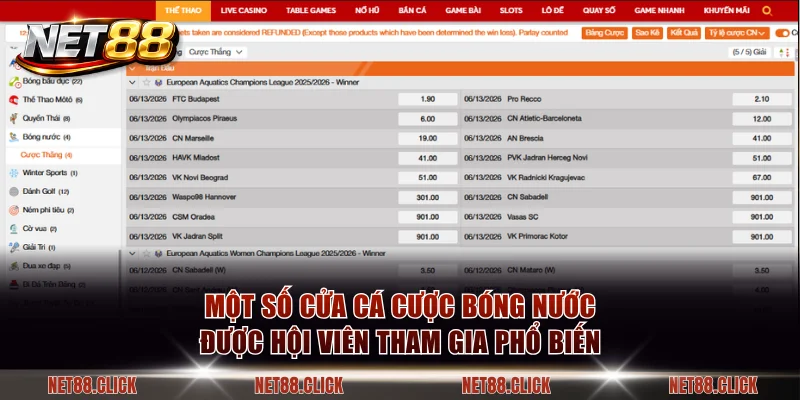 Một số cửa cá cược bóng nước được hội viên tham gia phổ biến